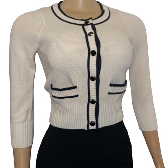 Charlotte Tarantola Sweaters - Charlotte Tarantola crop contrast cardigan crew neck snap closure cream black
